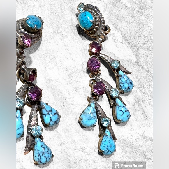Vintage clip on rhinestone dangle earrings turquoise and purple rhinestones - Picture 2 of 9